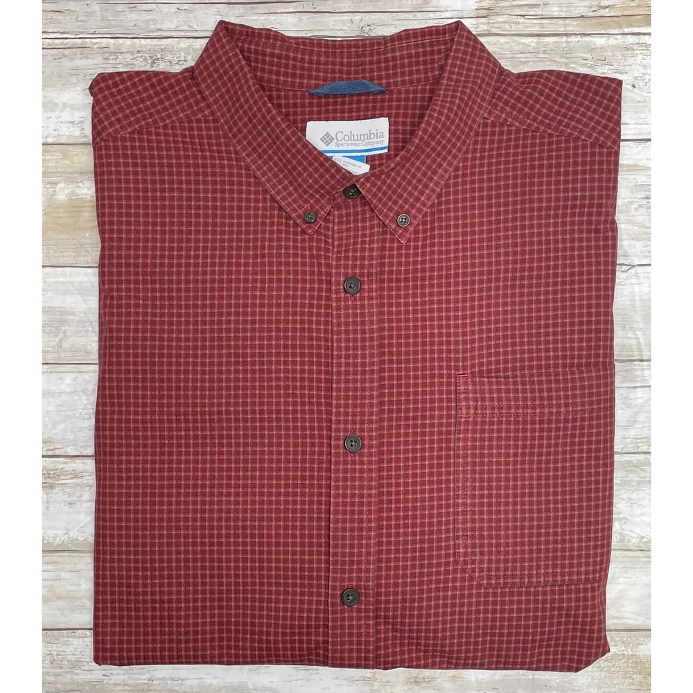 Columbia Mens Plaid Button Up Shirt Long Sleeve Red Grey XXL Casual Outdoor